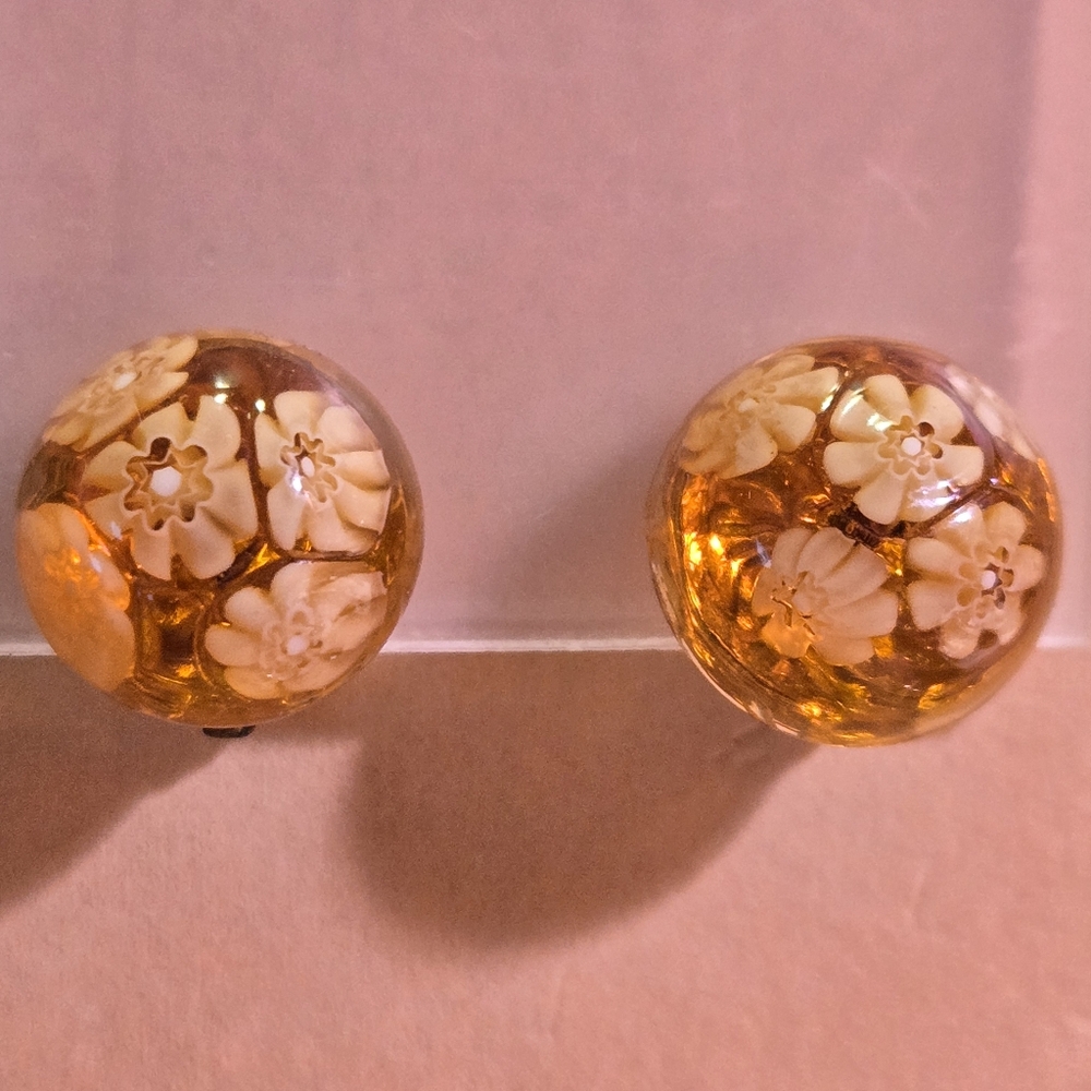 Bakelite Reverse Carved Earrings 🌼🌼Applejuice Amber Clip-On Antique🌼